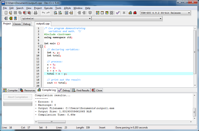 Screenshot of Dev C/C++ IDE